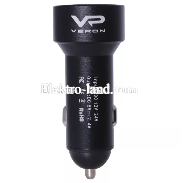 Автомобильное зарядное устройство  Car Charger | 2.4A | 2U — Veron C-604A with LCD Long черный