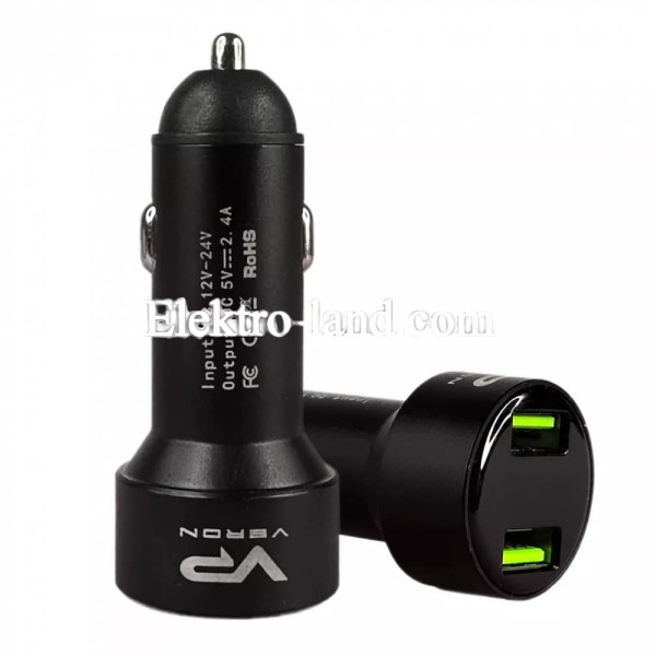 Автомобильное зарядное устройство  Car Charger | 2.4A | 2U — Veron C-604A with LCD Long черный