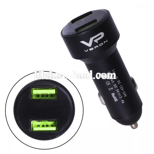 Автомобильное зарядное устройство  Car Charger | 2.4A | 2U — Veron C-604A with LCD Long черный