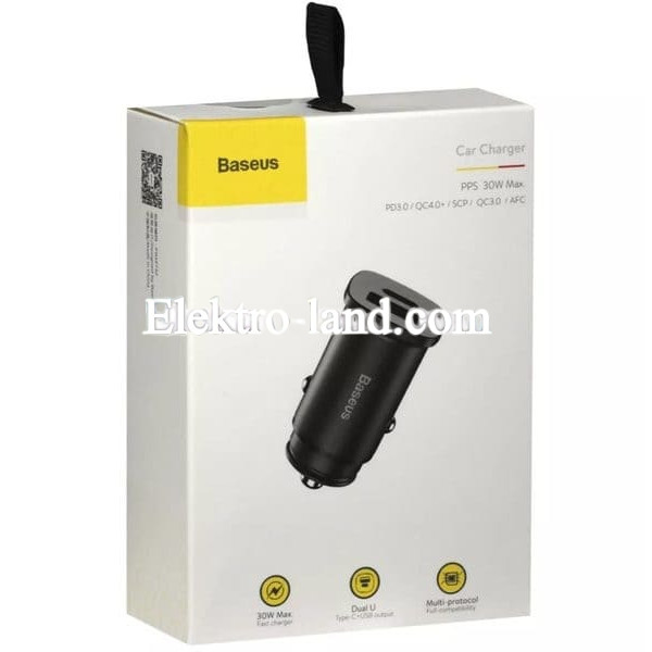 Автомобильное зарядное устройство Car Charger | 30W | 1U | 1C — Baseus (CCALL-AS01) Square metal — CCALL-AS01 черный