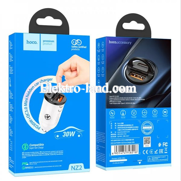Автомобильное зарядное устройство Car Charger | 30W | PD | QC3.0 — Hoco NZ2 —  белый