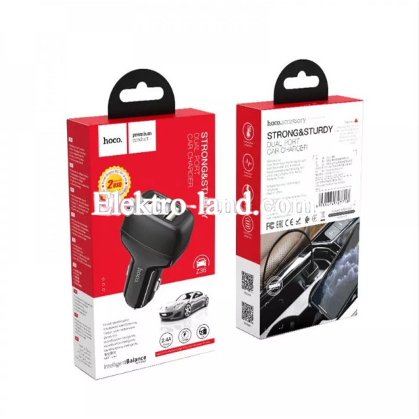 Автомобильное зарядное устройство Car Charger | 2.4A | 2U — Hoco Z36 — Black черный