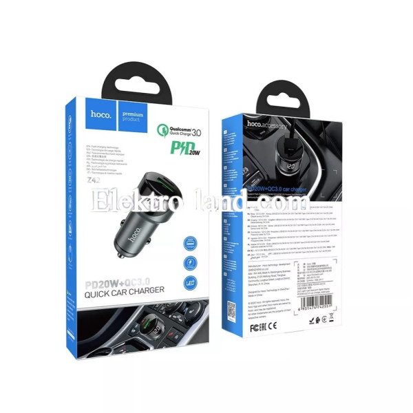 Автомобильное зарядное устройство Car Charger | 20W | PD | QC3.0 | Digital Display — Hoco Z42 черный