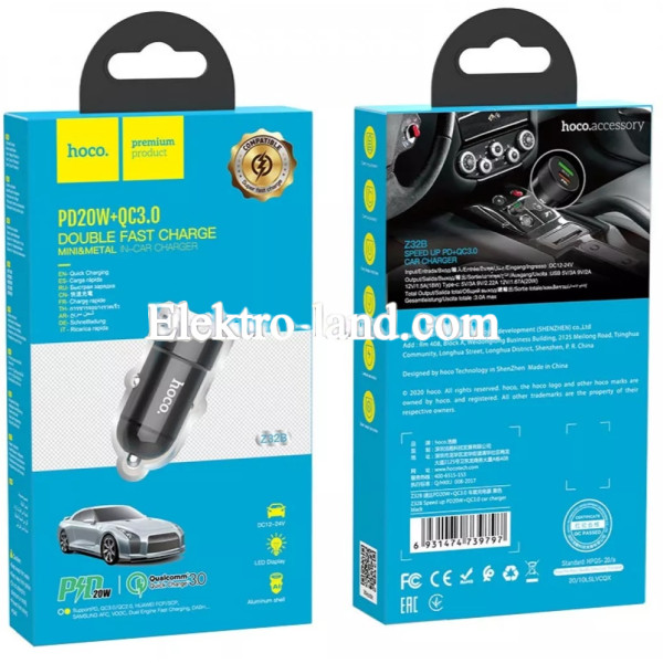 Автомобильное зарядное устройство Car Charger | 20W | PD | QC3.0 — Hoco Z32B черный