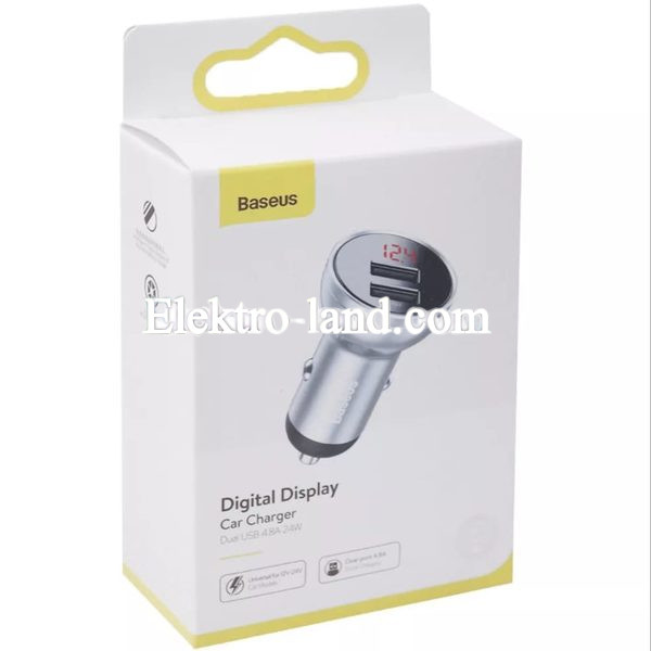 Автомобильное зарядное устройство Car Charger | 24W | 2U | Digital Display — Baseus (CCBX-0S) Silver — CCBX-0S металлик