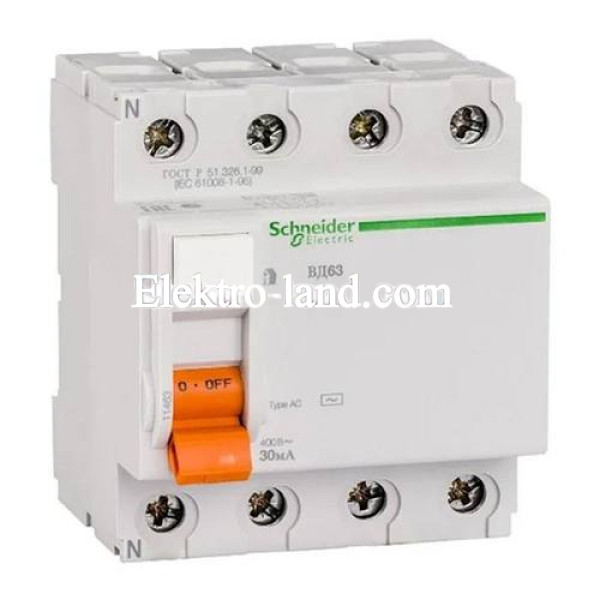 Устройство защитного отключения (УЗО) ВД63 Домовой 4П 25A 30мA Schneider Electric