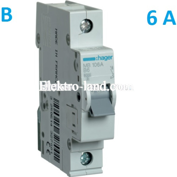 Автоматический выключатель Hager MB106A. Ін=6А, 1P, характеристика B 
