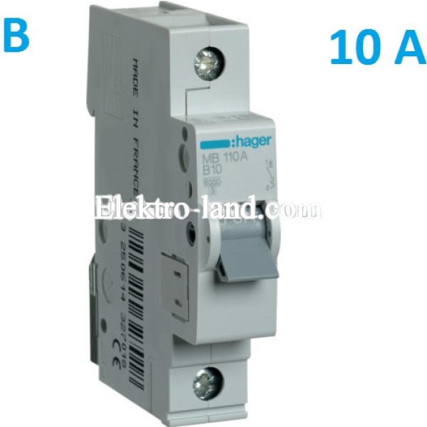 Автоматический выключатель Hager MB110A. Ін=10А, 1P, характеристика B 