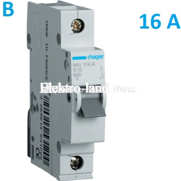 Автоматический выключатель Hager MB116A. Ін=16А, 1P, характеристика B 