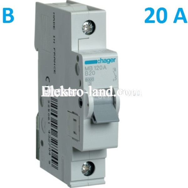 Автоматический выключатель Hager MB120A. Ін=20А, 1P, характеристика B 