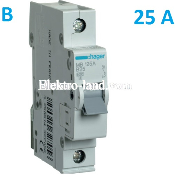 Автоматический выключатель Hager MB125A. Ін=25А, 1P, характеристика B 