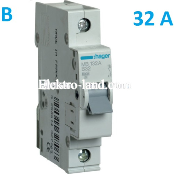 Автоматический выключатель Hager MB132A. Ін=32А, 1P, характеристика B 