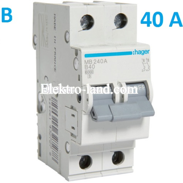 Автоматический выключатель Hager MB240A. Ін=40А, 2P, характеристика B 