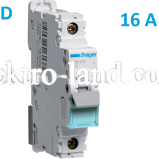 Автоматический выключатель Hager NDN116. Ін=16А, 1P, характеристика D 