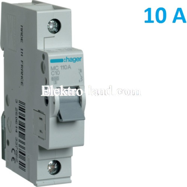 Автоматический выключатель Hager MC110A. Ін=10А, 1P, характеристика C 
