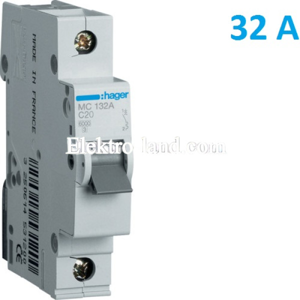 Автоматический выключатель Hager MC132A. Ін=32А, 1P, характеристика C 