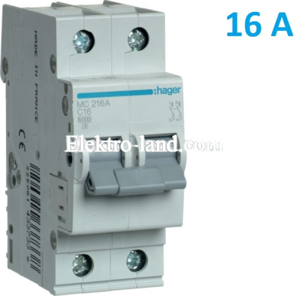 Автоматический выключатель Hager MC216A. Ін=16А, 2P, характеристика C 