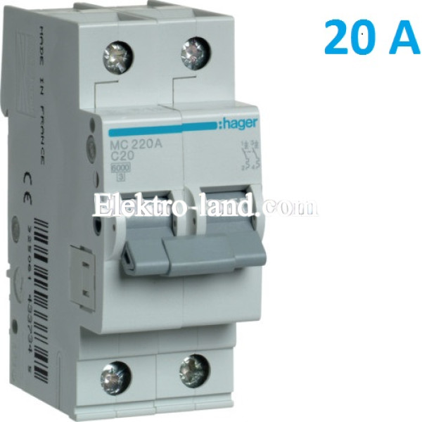 Автоматический выключатель Hager MC220A. Ін=20А, 2P, характеристика C 