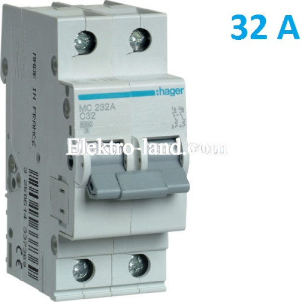 Автоматический выключатель Hager MC232A. Ін=32А, 2P, характеристика C 