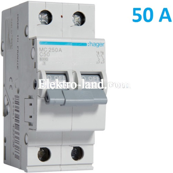 Автоматический выключатель Hager MC250A. Ін=50А, 2P, характеристика C 