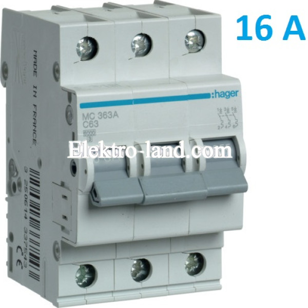 Автоматический выключатель Hager MC316A. Ін=16А, 3P, характеристика C 