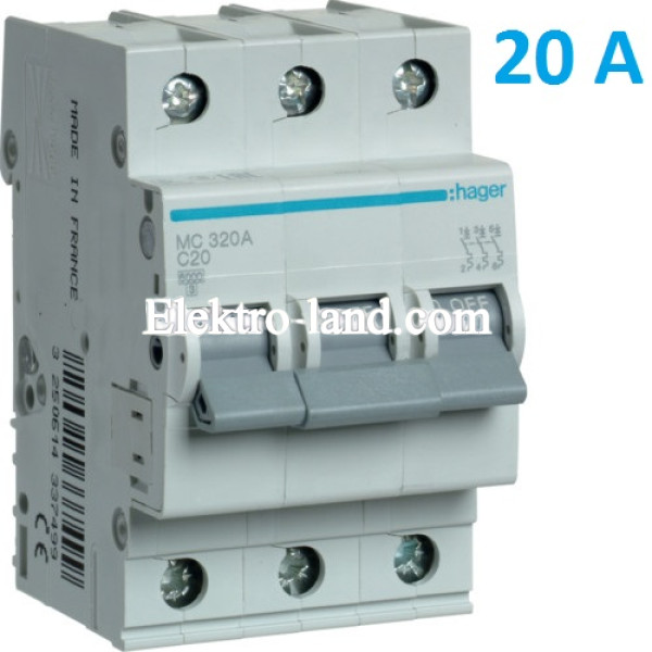 Автоматический выключатель Hager MC320A. Ін=20А, 3P, характеристика C 