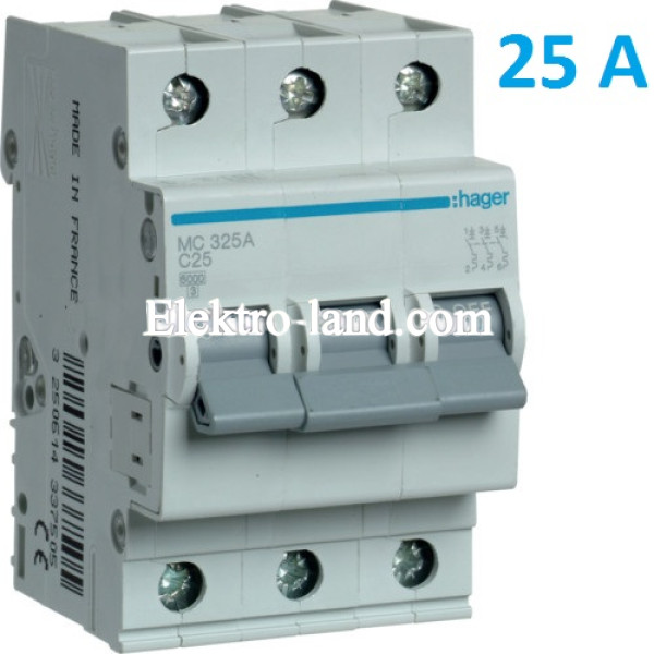 Автоматический выключатель Hager MC325A. Ін=25А, 3P, характеристика C 