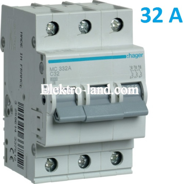 Автоматический выключатель Hager MC332A. Ін=32А, 3P, характеристика C 
