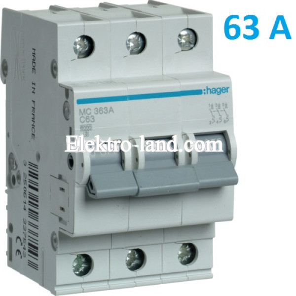 Автоматический выключатель Hager MC363A. Ін=63А, 3P, характеристика C 