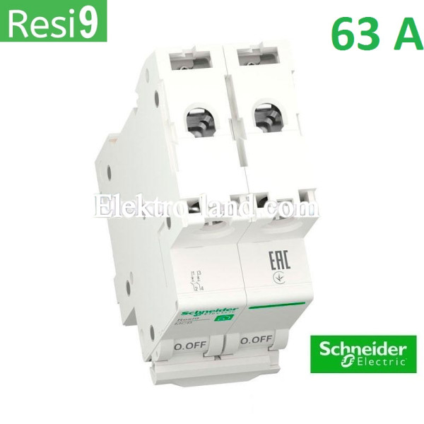 Автоматический выключатель 2Р 63А, C, 6кА, Schneider Electric RESI9 (R9F12263)