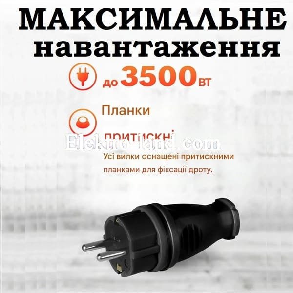 Вилка с заземлением прямая 16A (каучук), черная IP44, резиновая, влагозащищенная