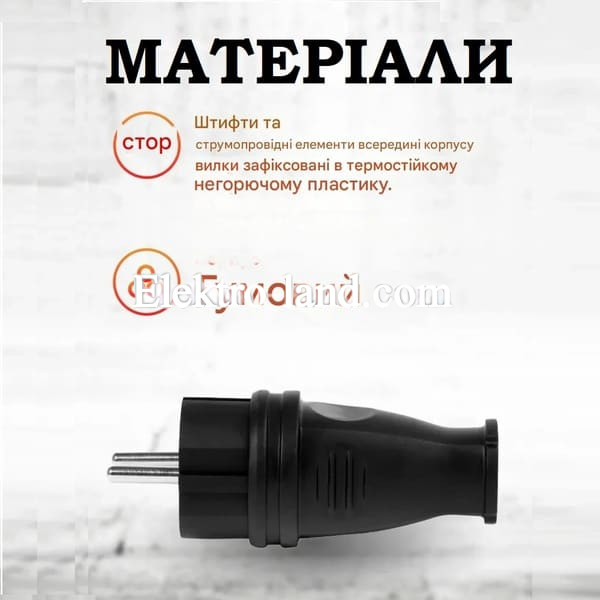 Вилка с заземлением прямая 16A (каучук), черная IP44, резиновая, влагозащищенная