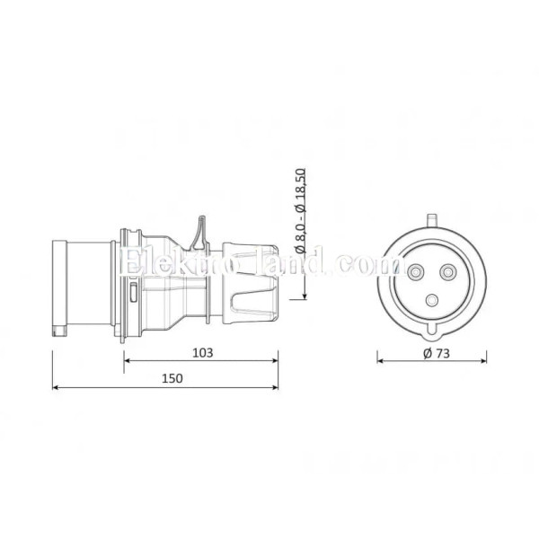 Вилка силовая 3х32A 220V IP44 Bemis BC1-3403-2011 (кабельная вилка для генераторов)