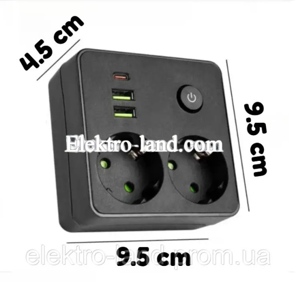 Тройник для розетки, разветвитель сетевой фильтр на 2 гнезда с USB и Type-C, тройник с тайпси, с led подсветкой и кнопкой, черный