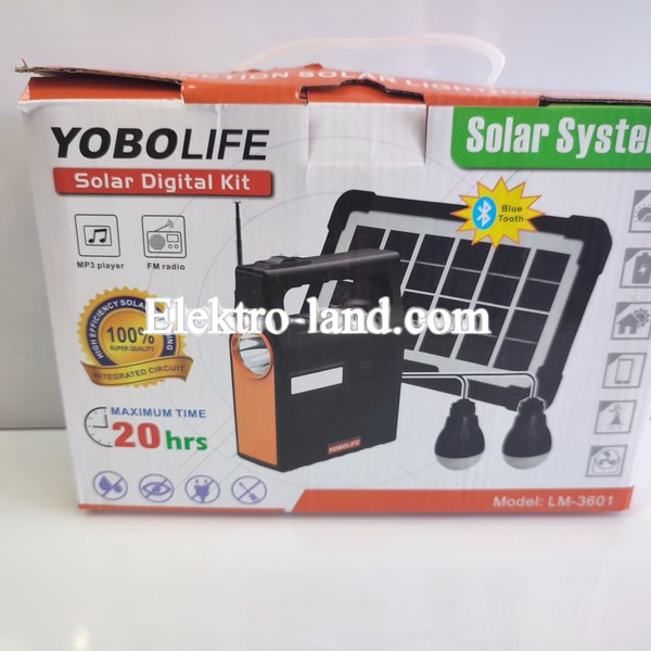 Портативная солнечная станция YOBOLIFE 3601-LM-6V функция Power Bank, мощный фонарь, FM радио, MP3+2 лампочки