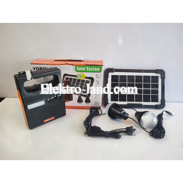 Портативная солнечная станция YOBOLIFE 3601-LM-6V функция Power Bank, мощный фонарь, FM радио, MP3+2 лампочки