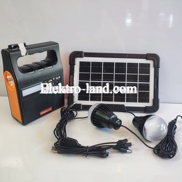 Портативная солнечная станция YOBOLIFE 3601-LM-6V функция Power Bank, мощный фонарь, FM радио, MP3+2 лампочки