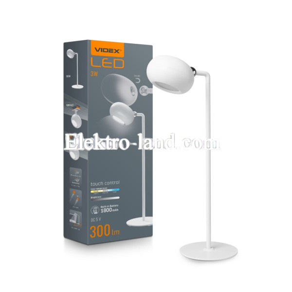LED настольная лампа с аккумулятором VIDEX VLE-TF18W 3W 3000-5500K белая