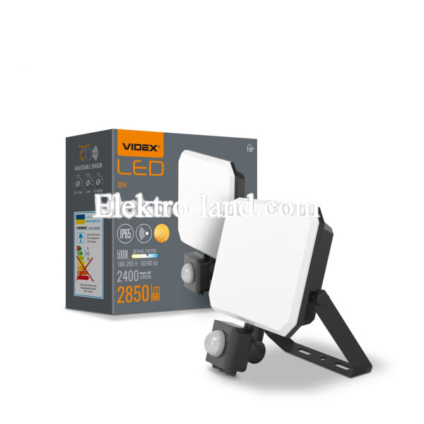 Светодиодный прожектор VIDEX F3 30W с датчиком движения 5000K 220V черный (VLE-F3-0305B-S)