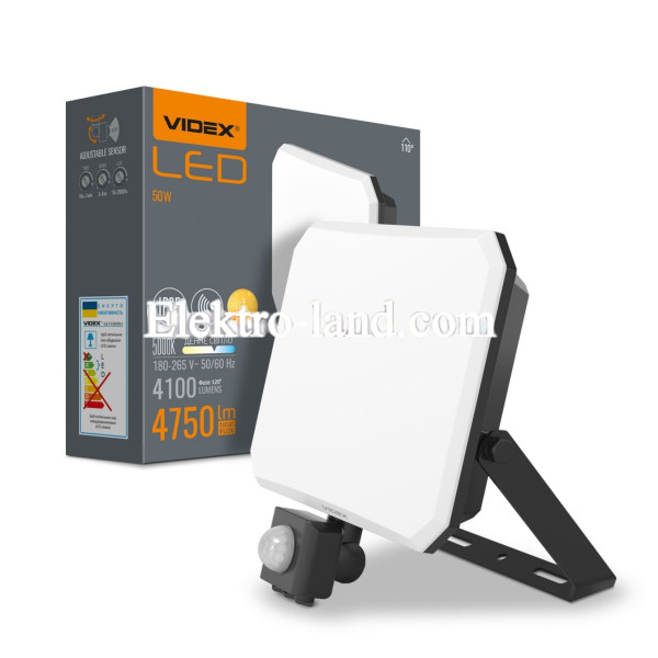 Светодиодный прожектор VIDEX F3 50W 5000K с датчиком движения 220V Black (VLE-F3-0505B-S)