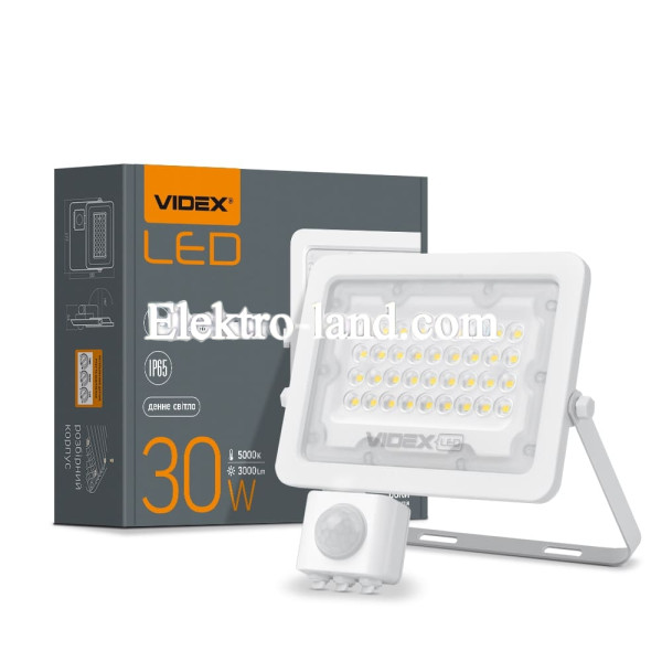 Светодиодный прожектор VIDEX F2e 30W 5000K с датчиком движения и освещенности белый (VL-F2e-305W-S)