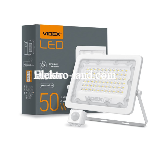 Светодиодный прожектор VIDEX F2e 50W 5000K с датчиком движения и освещенности белый (VL-F2e-505W-S)