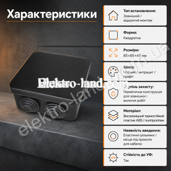 Распределительная коробка Neomax 85×85×40 мм герметичная открытого монтажа, черная (NX1144) Неомакс, IP54