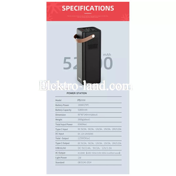 Зарядная станция Power Station 200W; 52800mAh - Veron PS200W AC220V 200W/DC5521