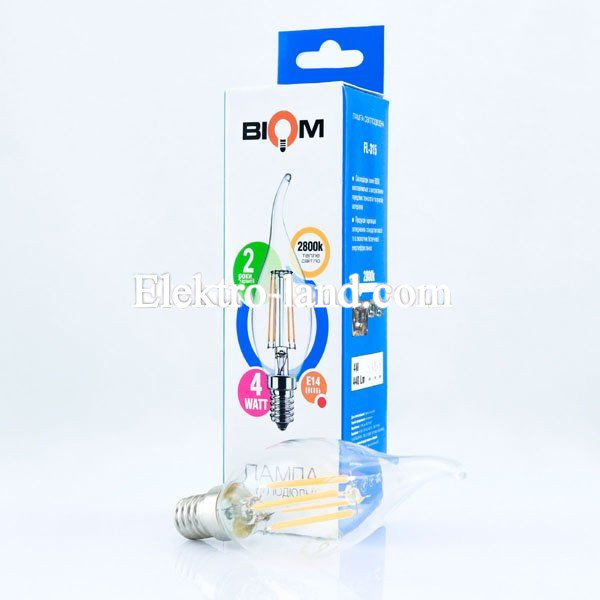 Светодиодная лампа свеча на ветру Biom filament  теплый свет  FL-315 C35 LT 4W E14 3000K  
